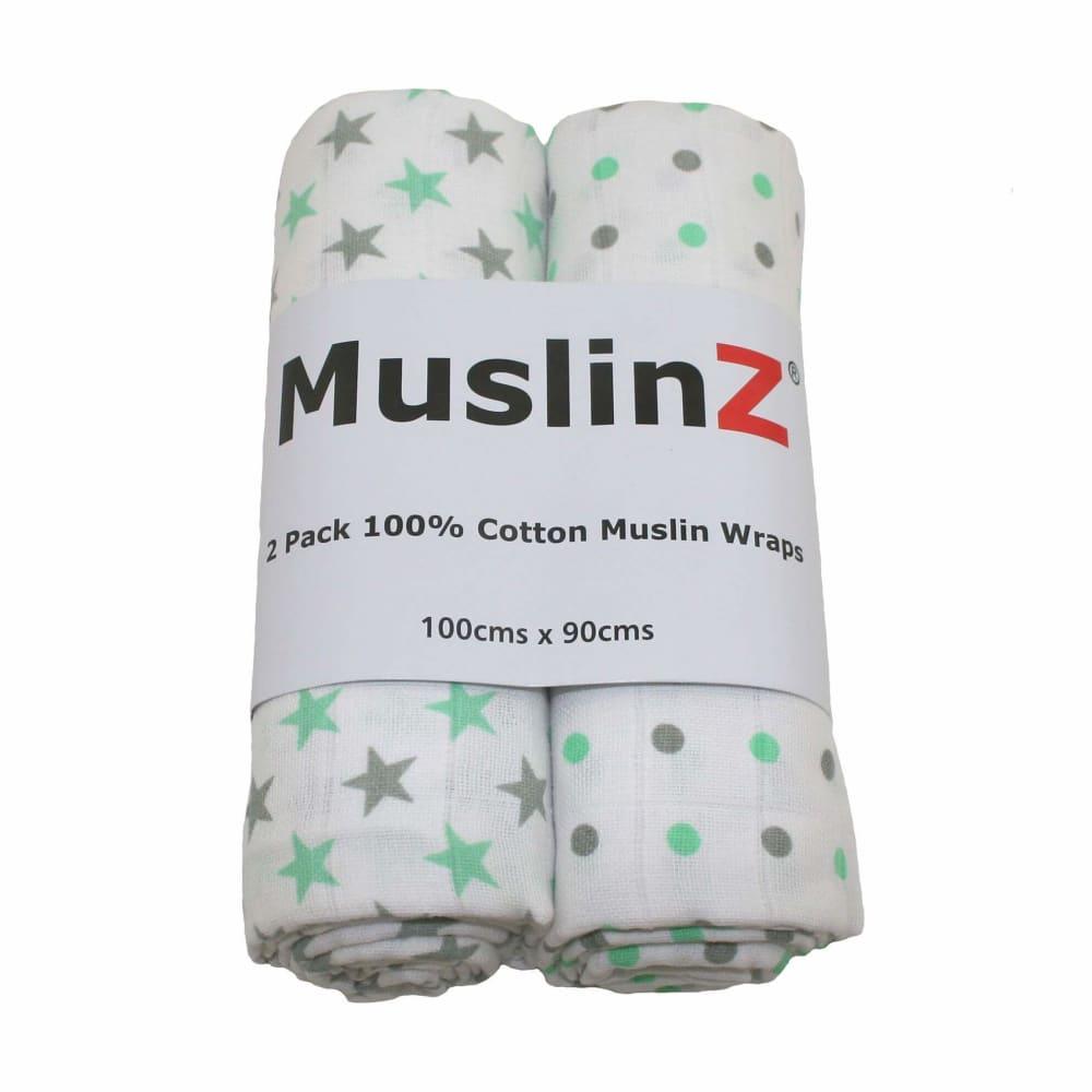 MuslinZ - Muslin Swaddles 100x90cm 2 Pack - Mint Star/Spot